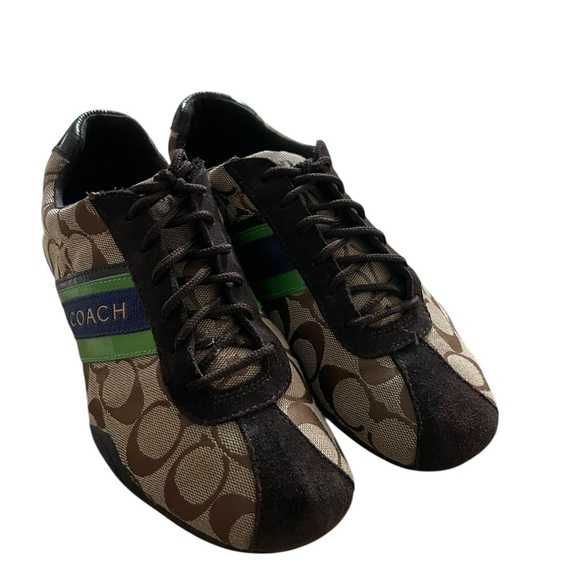 Coach Men's Brown and Black Sneakers with Green Stripe Size 8.5 - Picture 2 of 8